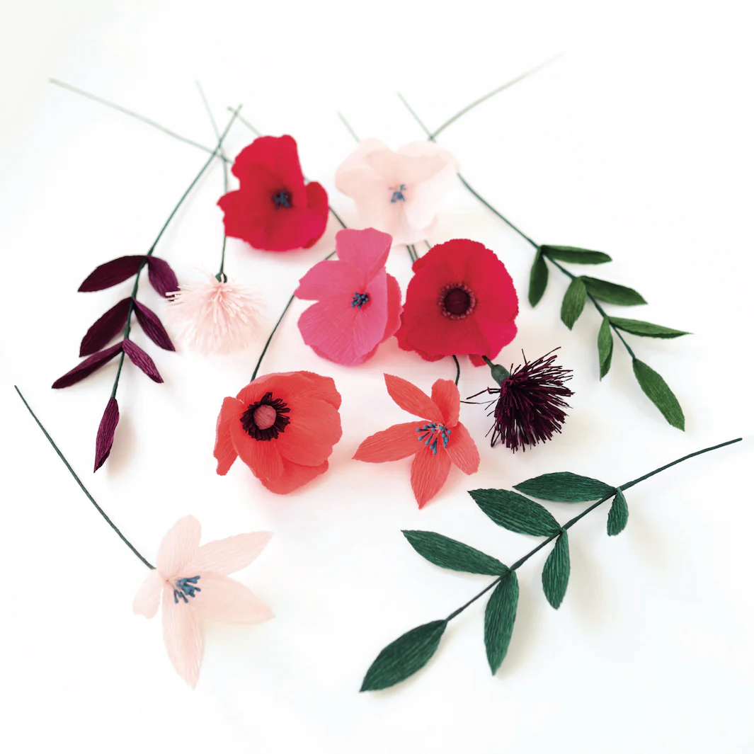 Kit Bouquet de Fleurs en Crépon - Rose Fuchsia, Rose Clair et Foncé, Lie de Vin, Bordeaux et Vert Foncé - Amour – Image 4