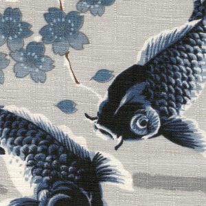 Tissu Japonais - Carpes et Fleurs de Cerisier - Gris Clair et Foncé, Bleu Marine et Blanc - T510