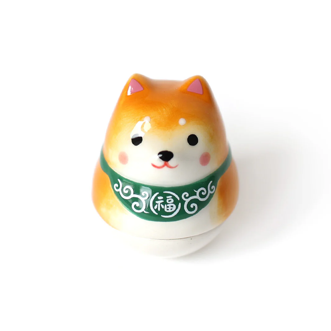 Culbuto Japonais en Céramique - Shiba Inu - Orange et Vert – Image 2
